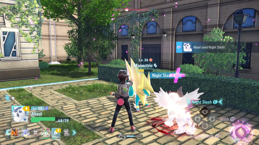Taunie and the Pokemon Trainer face off, with their Mega Evolved monsters, Absol and Manectric, facing off against each other.