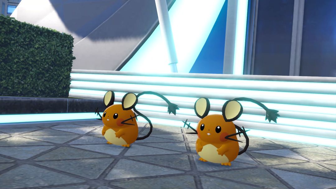 A view of the two Dedenne guards about to attack, in front of the Quasartico Inc. building.