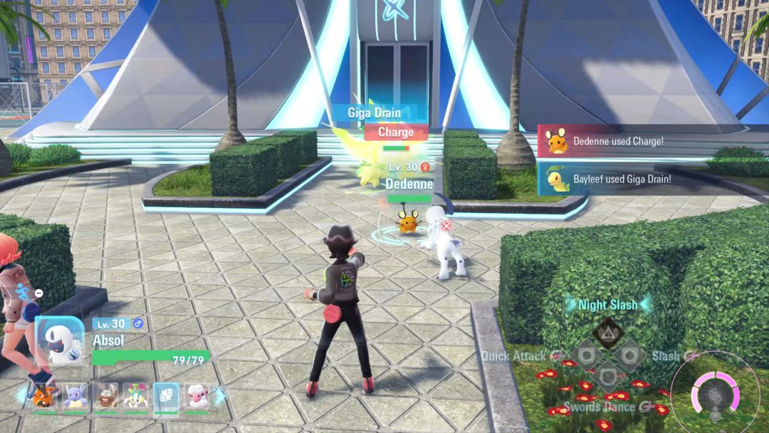 The Pokemon Trainer sends Absol to deal with one of the two Dedenne guards in front of the Quasartico Inc. building.