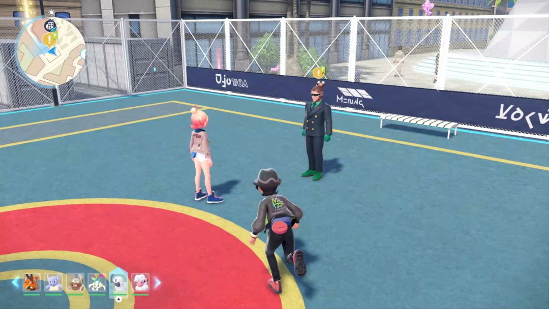 The Pokemon Trainer runs toward Vinnie, who is waiting in an apparent battle arena with Taunie.