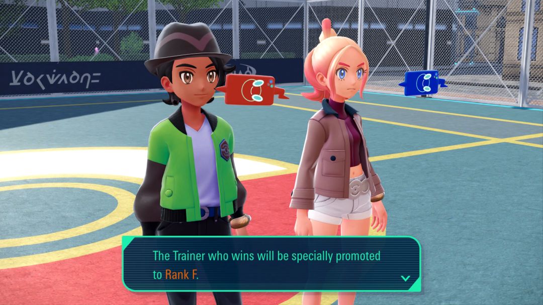 A message from the Rotom Phone indicates that winning the battle against Vinnie will earn the Pokemon Trainer a promotion to Rank F.