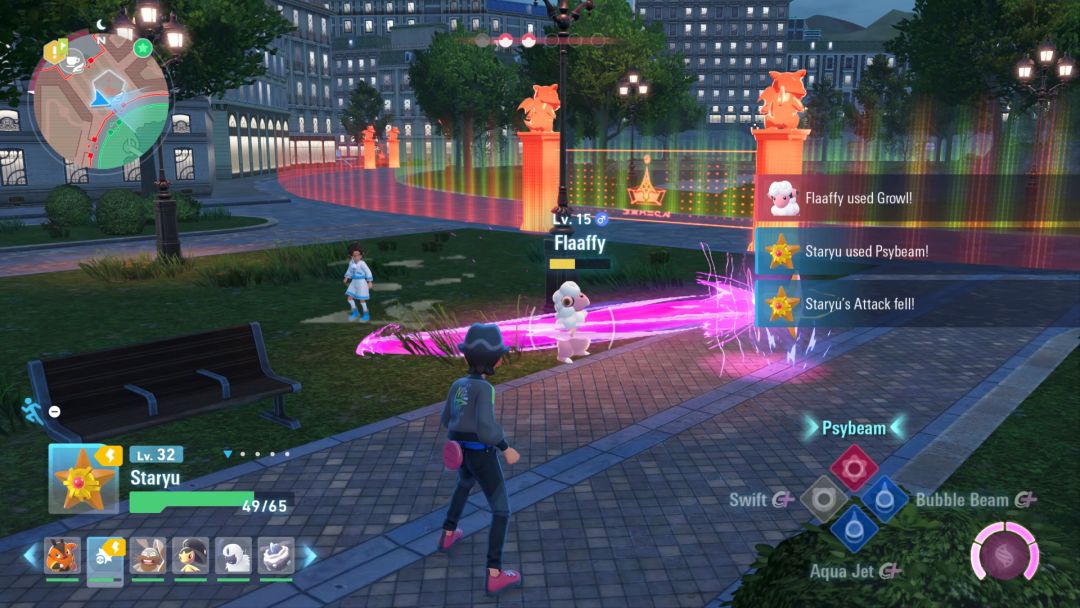 Staryu hits Flaaffy with a Pysbeam attack in the battle zone as the trainers watch.