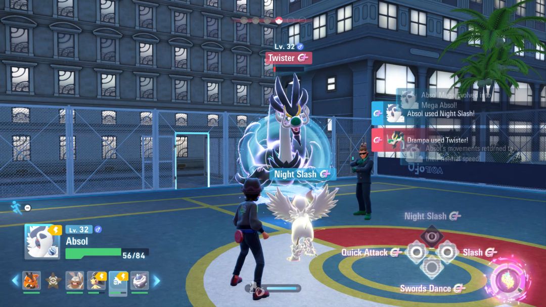 In Mega Evolution mode, the Pokemon Trainer's Absol faces off directly against Vinnie's evolved Drampa.