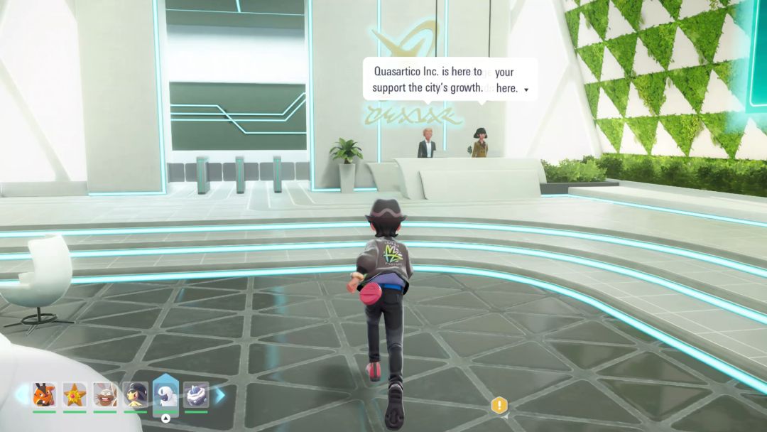 The Pokemon Trainer heads toward the service desk near the back corner of the stylish Quasartico Inc. building, where two employees wait.