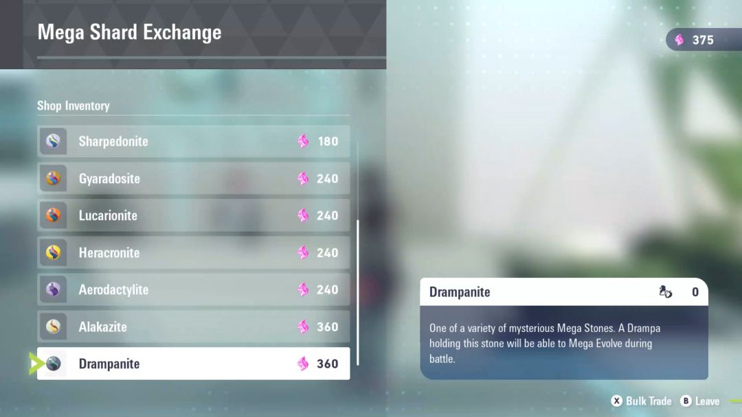 A menu screen shows items available for purchase at the Mega Shard Exchange, including the Drampanite Mega Stone.