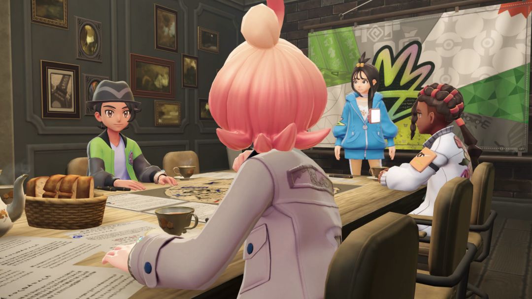 Lida leads a strategy meeting in Hotel Z, and looks toward the Pokemon Trainer for input as he faces Taunie and Naveen across the table.