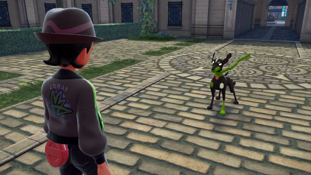 Zygarde, the black, dog-like Pokemon, faces off against the Pokemon Trainer in the plaza in front of Hotel Z.