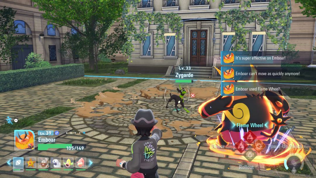 Emboard prepares to use the Flame Wheel move against Zygarde, which has just slowed it down with a special attack.
