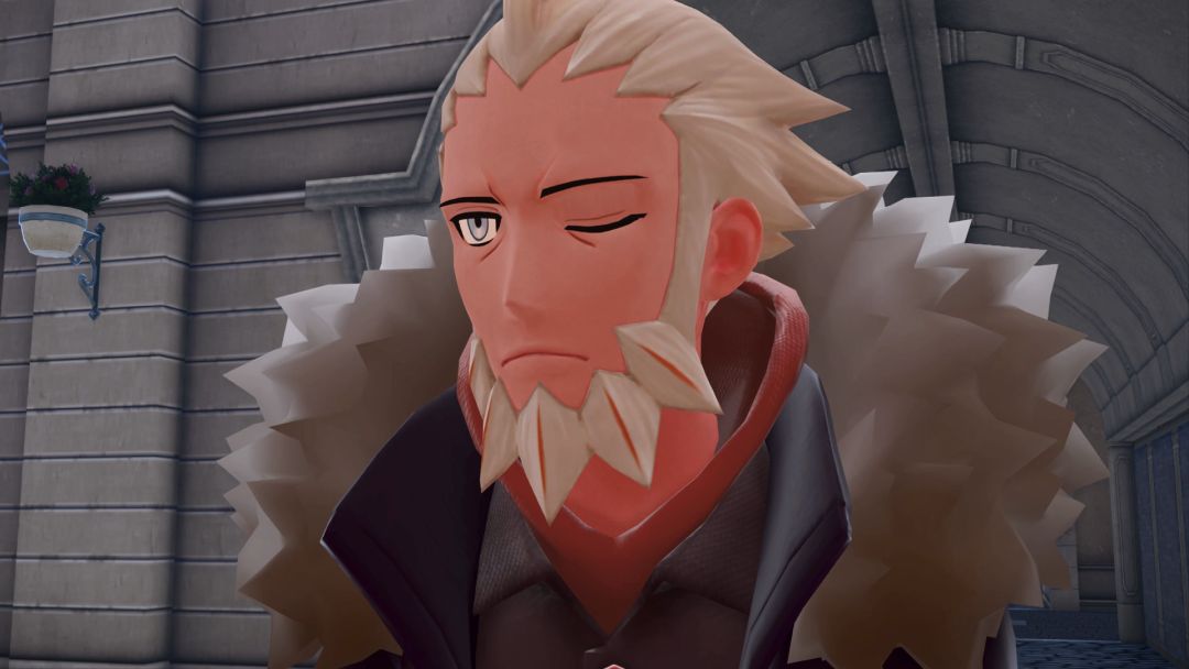 A closeup of a new character named L, who has wears a scruffy coat with a fur collar, sports a spiky beard, and has one eye closed.