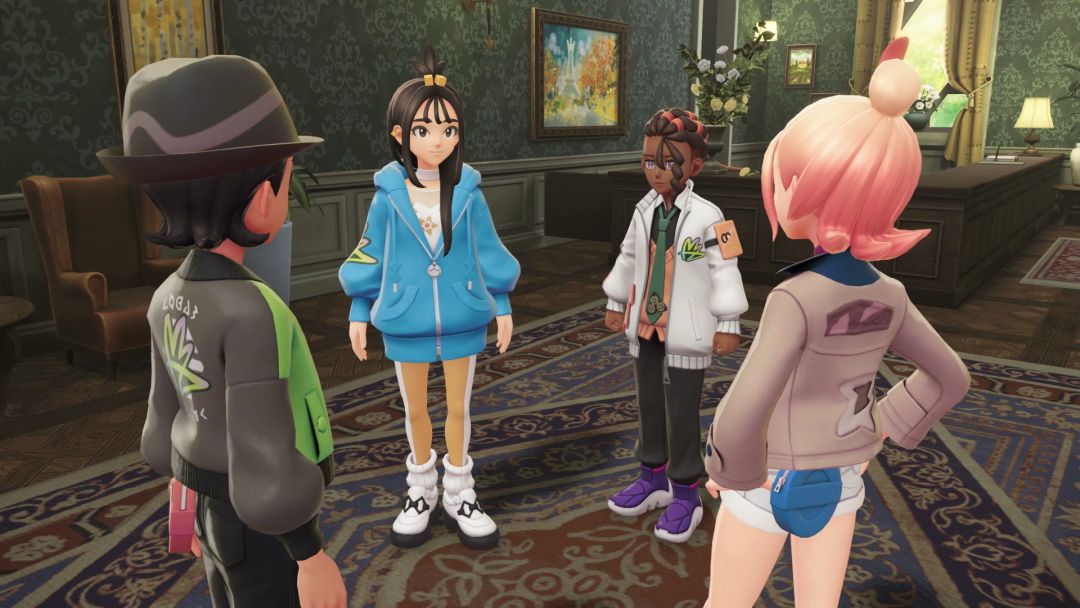 A closeup view as the Pokemon Trainer, Tauni, Naveen, and Lida stand in a circle in the lobby of Hotel Z.