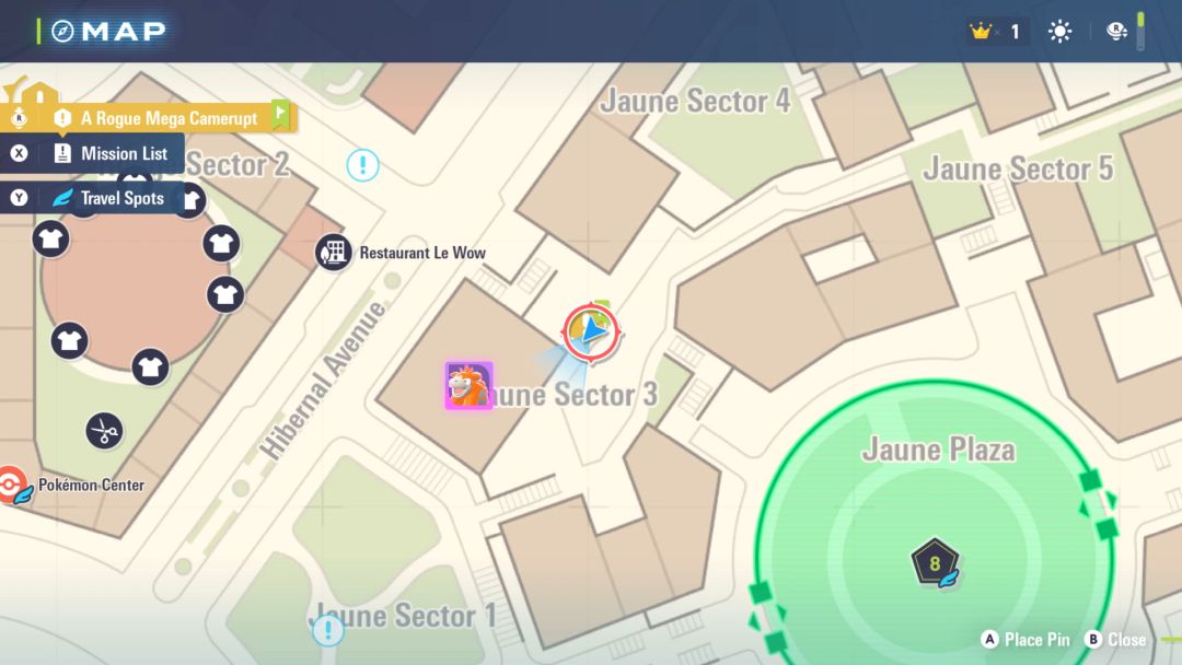 A map showing the location of the Rogue Mega Camerupt, with the Pokemon Trainer positioned nearby, on the approach.
