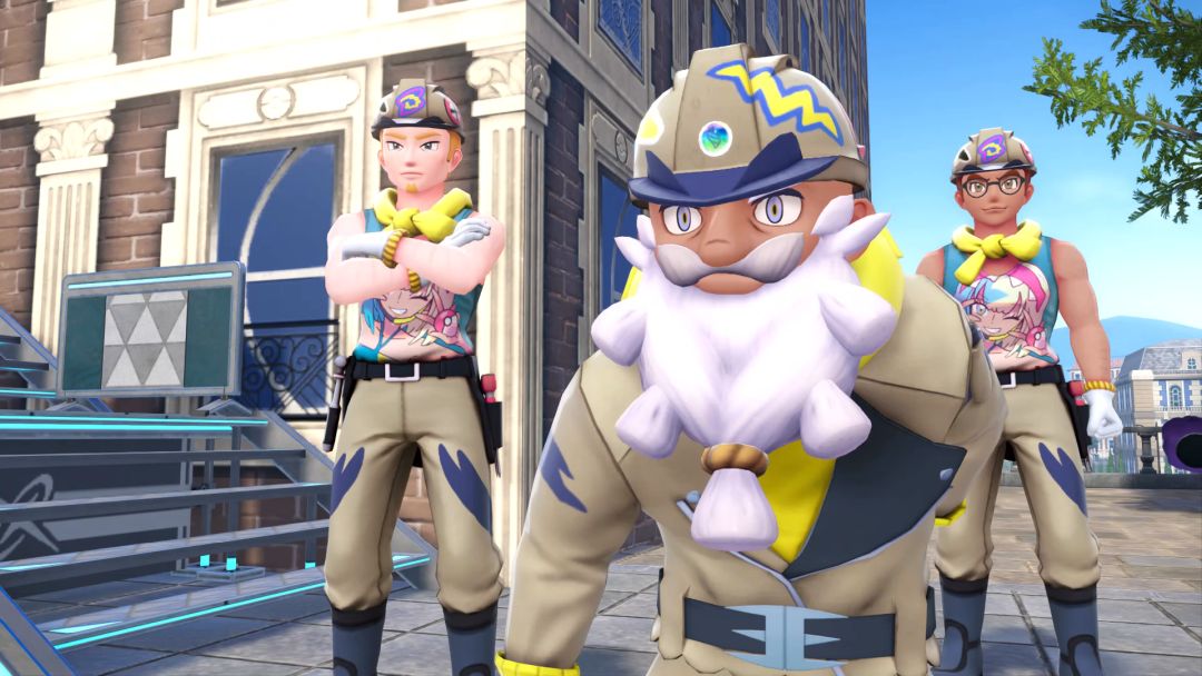 A closeup of Tarragon and friends from Team Dyn4mo, who are blocking the Pokemon Trainer's path to some scaffolding.
