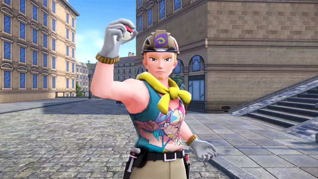 A closeup of Tony from Team Dyn4mo, who is wearing a blue tank top and a yellow scarf and holds a Pokeball in preparation for battle.