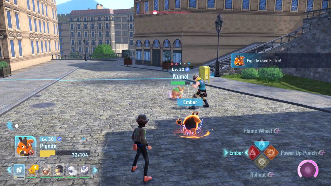 The Pokemon Trainer steps toward Tony, while Pignite and Numel face off between them.