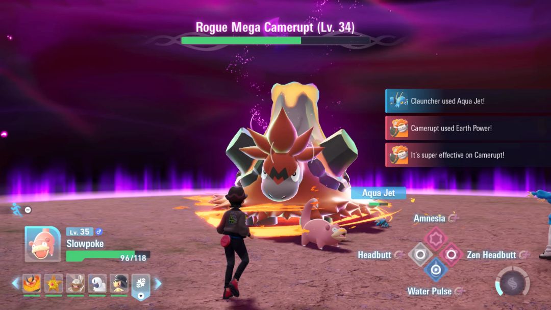 As the Pokemon Trainer faces the looming Rogue Mega Camerupt, the Slowpoke stands between them, facing off toward the right as its enemy initiates a fire attack.