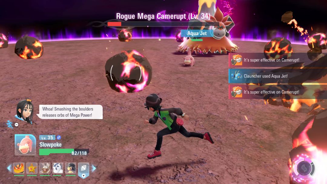 While looking toward his right, the Pokemon Trainer runs to the side to avoid large molten balls that have rained from the sky.