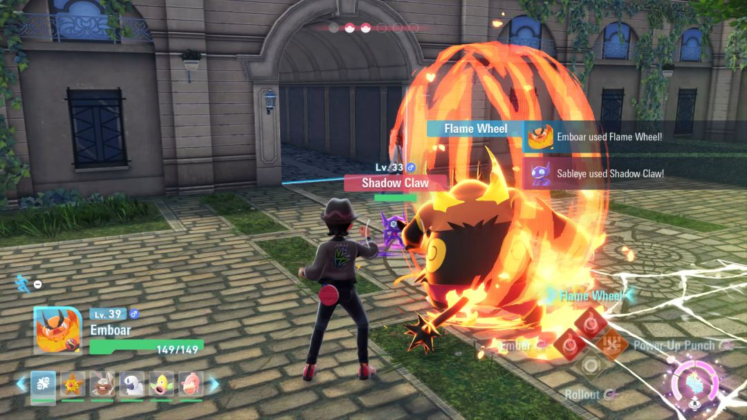 Emboar uses the Flame Wheel move against Sableye in the Hotel Z plaza.