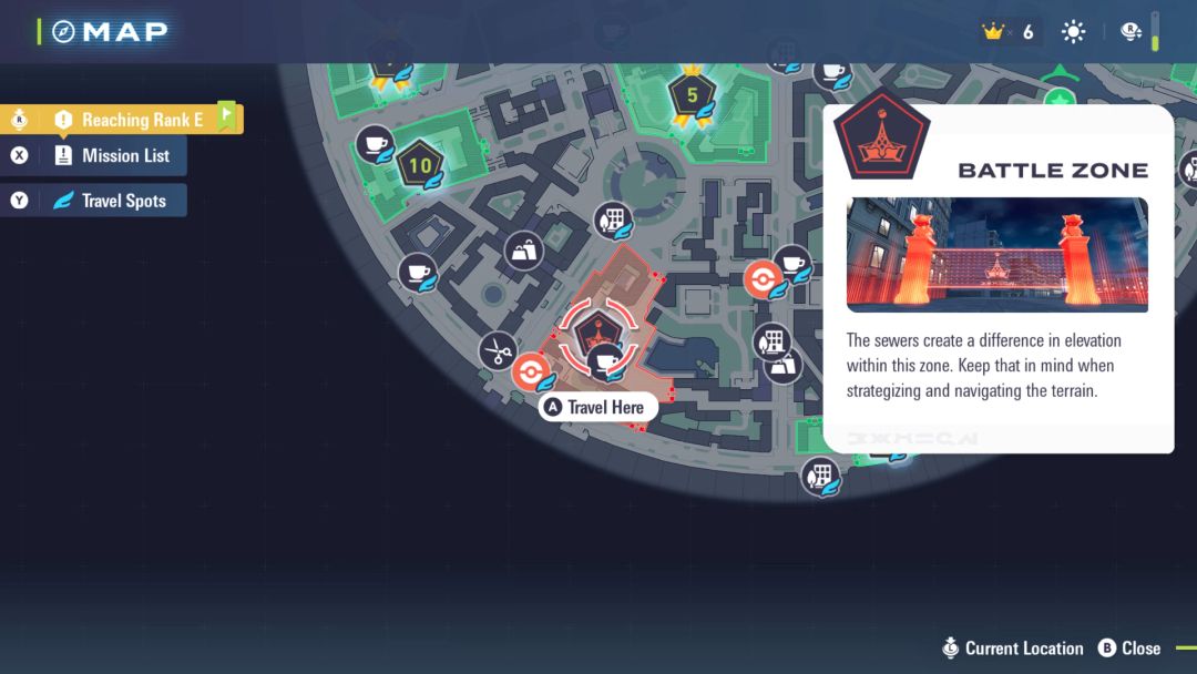 A map of the city, showing the Battle Zone lit up near the southwest portion of the map.