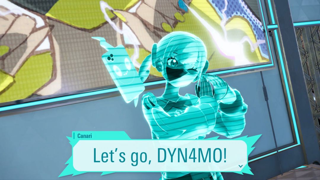 A holographic image of Canari shouts her catchphrase: Let's go, Dyn4mo!