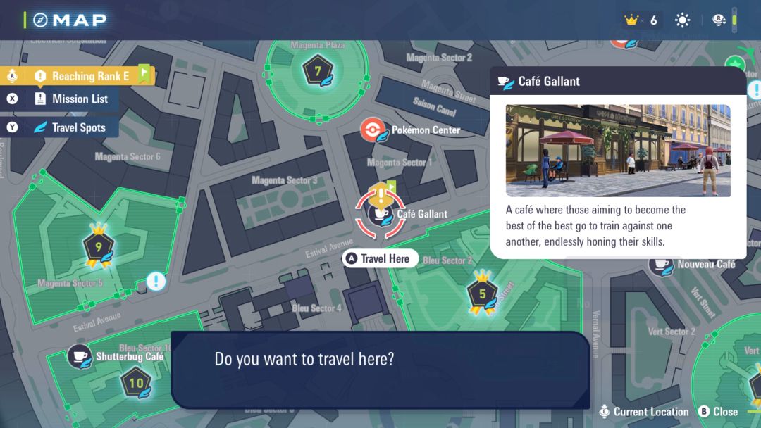A map showing the location of Cafe Gallant, not far southwest of the center plaza in Lumiose City.