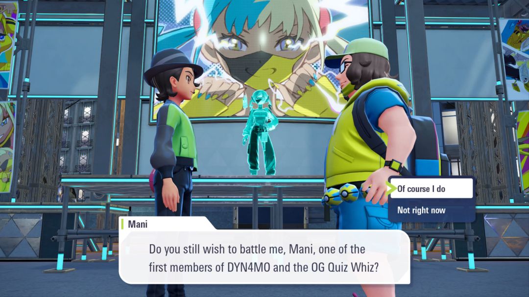 Mani taunts the Pokemon Trainer ahead of their match.