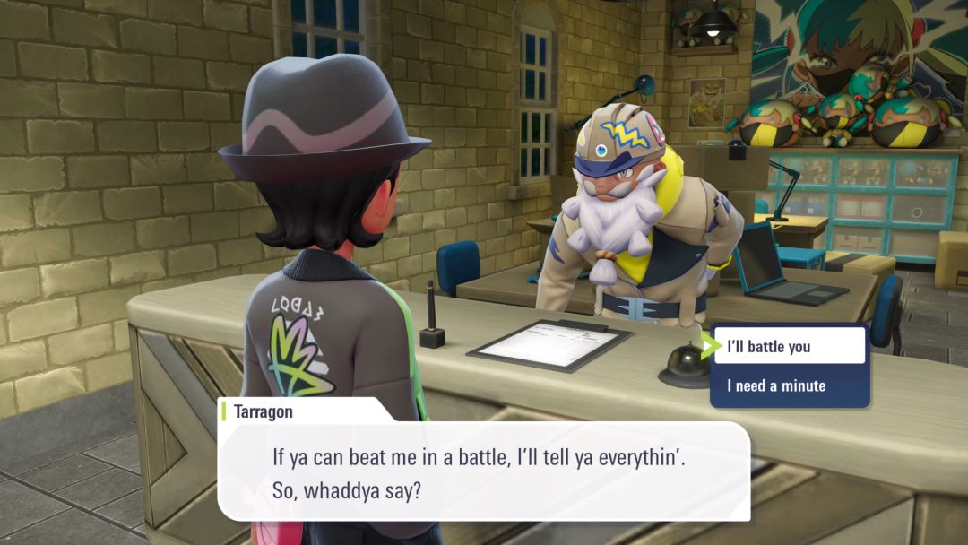 Standing behind the desk in the crowded Racine Construction office, Tarragon challenges the Pokemon Trainer to a battle.