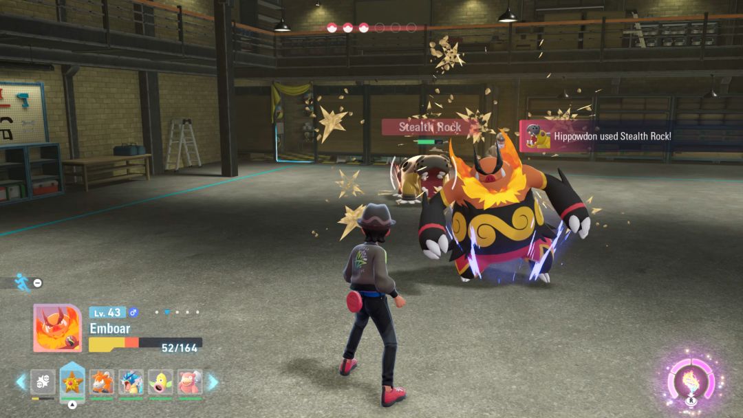 Emboar staggers while stars dance in the air over its head, after a hit from Hippowdon's move, Stealth Rock.