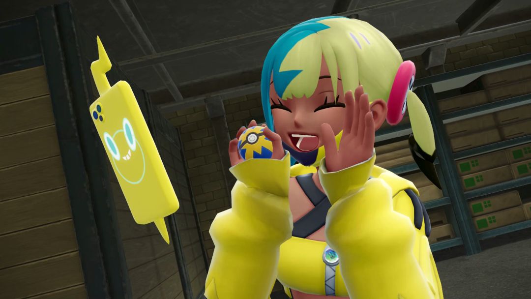 With her mask down and her eyes closed, Canari looks excited about the looming battle with the Pokemon Trainer.