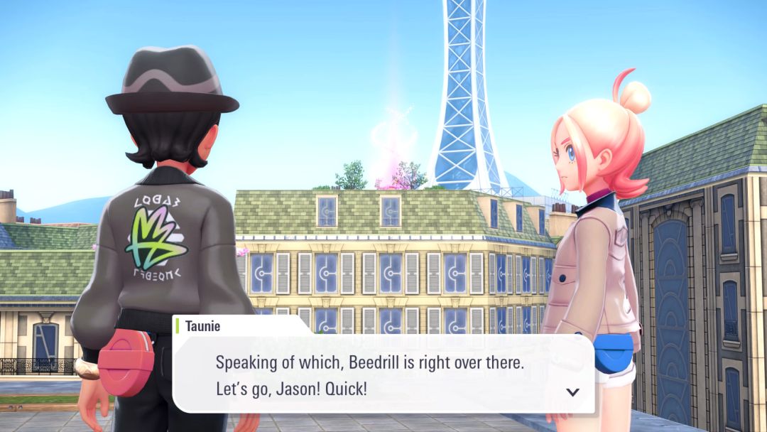 Taunie stands next to the Pokemon Trainer and points out a Rogue Mega Beedrill sitting on a distant rooftop.