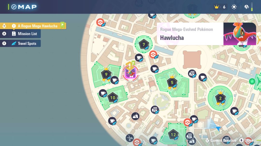 A closeup view of the map showing the location of the Rogue Mega Hawlucha, near Cafe Rouleau.