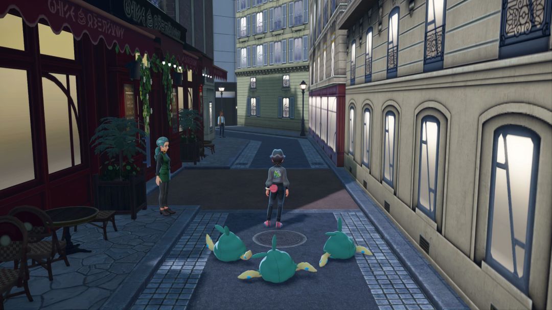 The Pokemon Trainer stands in the alley outside Cafe Pokemon-Amie, ready to lead Trubbish down the street.