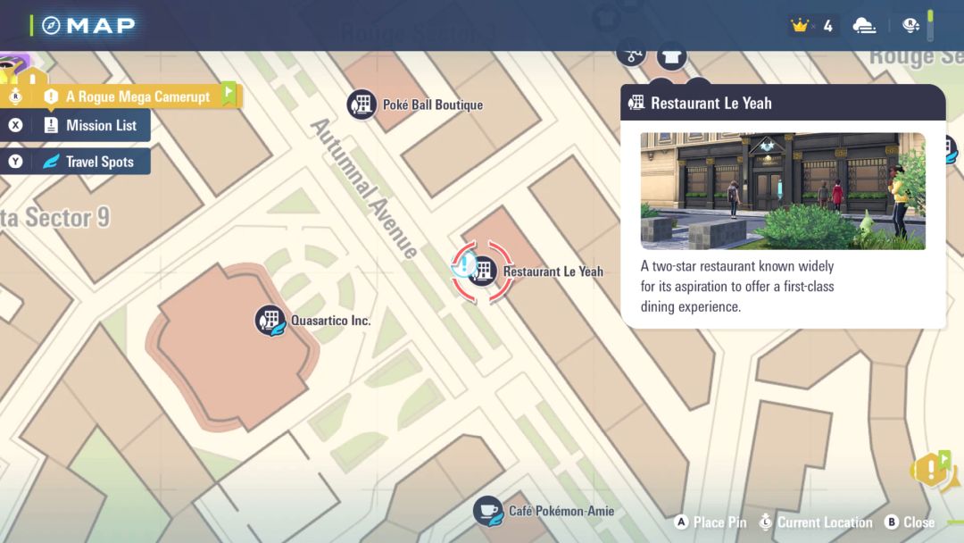 A map showing the location of the side mission just outside Restaurant Le Yeah.