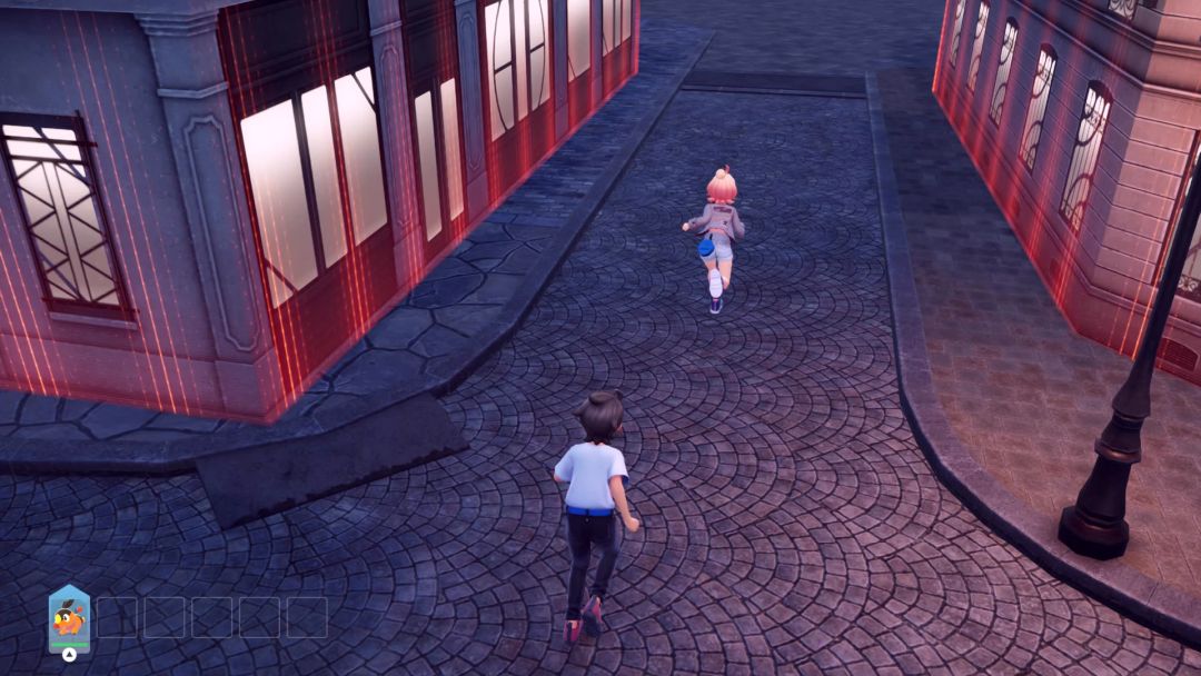 Taunie leads you through an alleyway after nightfall, with windows glowing on walls to either side.