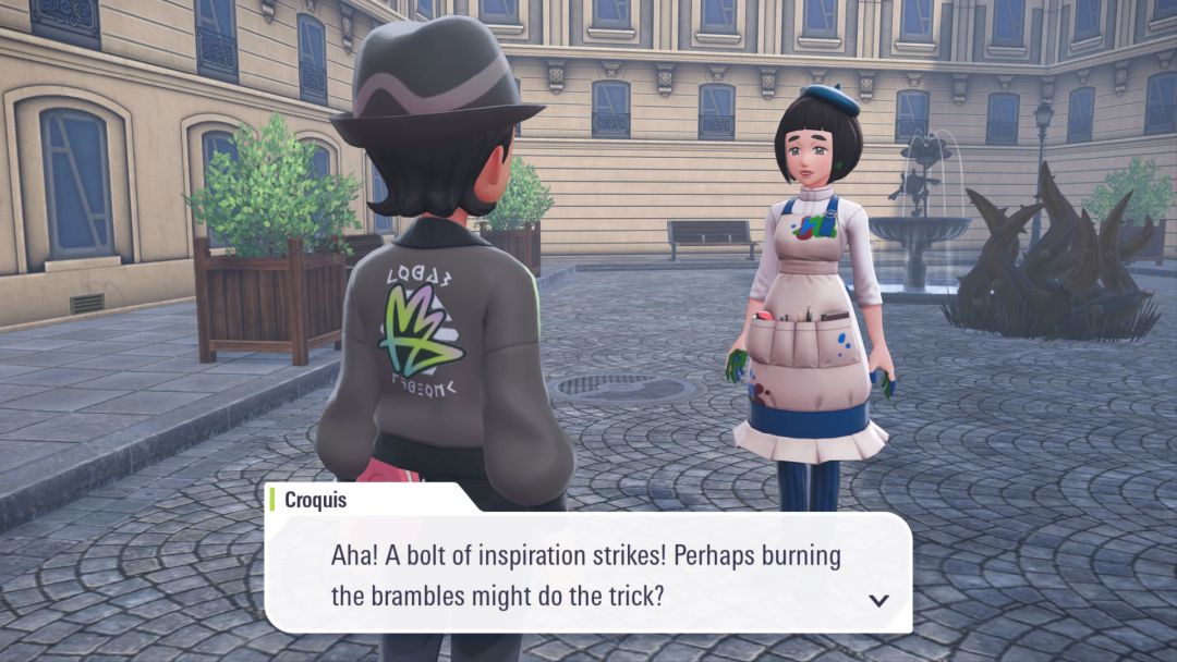 Croquis faces the Pokemon Trainer and suggests using a Pokemon's fire moves to burn the brambles.