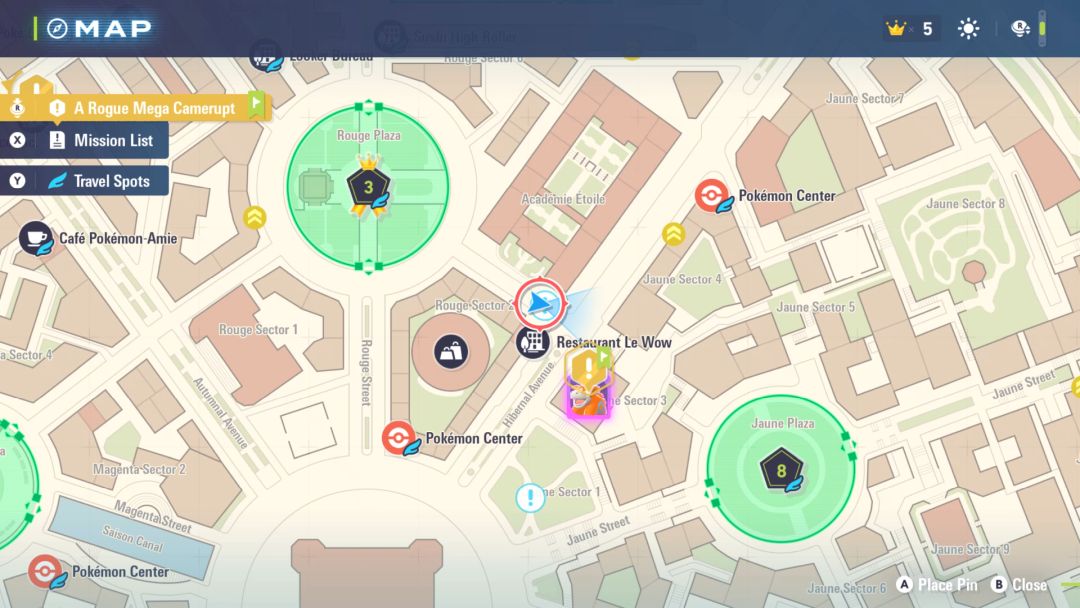 A look at the map, with the location of Side Mission 007 at the center of the red circle icon, just north of Restaurant Le Wow.
