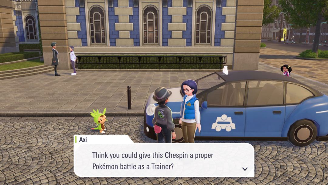 Standing by her taxi cab, Axi asks the Pokemon Trainer for help while the Chespin watches from its position in front of the cab.