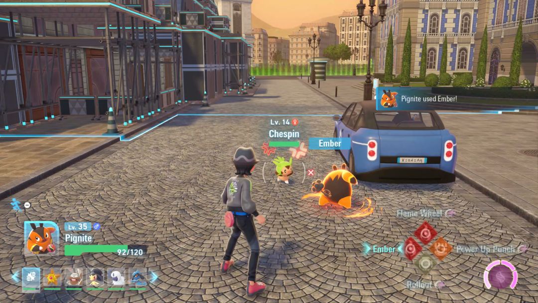Chespin and Pignite rush to meet each other, near Axi's blue taxi, while the Pokemon Trainer watches.