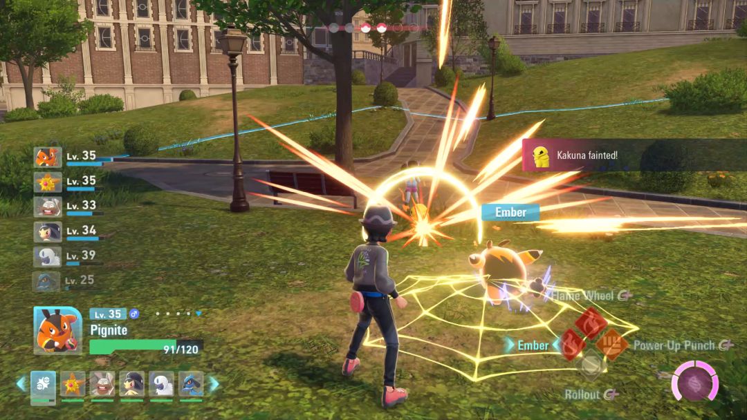 In a park environment, the Pokemon Trainer sends his Kakuna to do battle with the Kakuna.