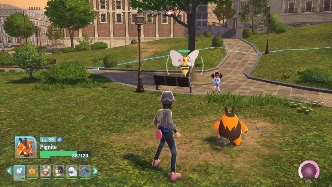 The rival trainer's Beedrill hovers in the air near a tree as it faces the Pokemon Trainer's ground-based Pignite.