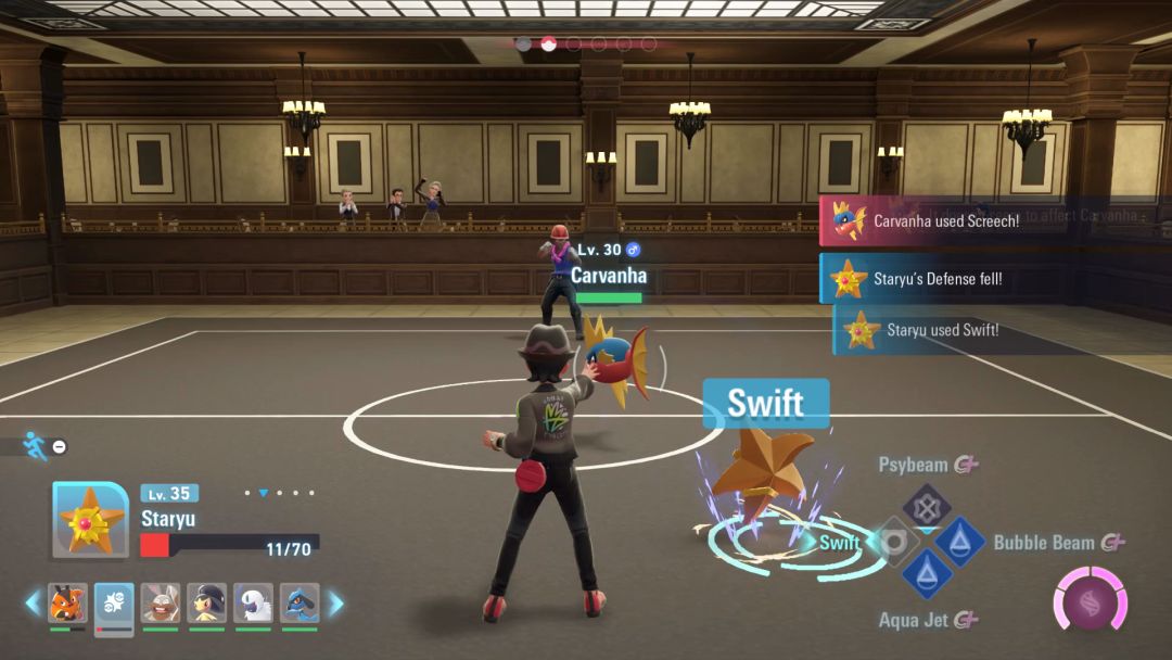 Staryu faces off against Carvanha and starts to use its Swift move after enduring a loud screech.