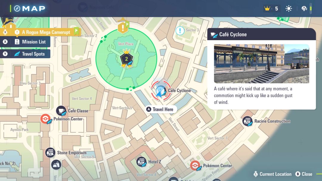 A map view, showing the player's location at Cafe Cyclone, southeast of Wild Zone 2.