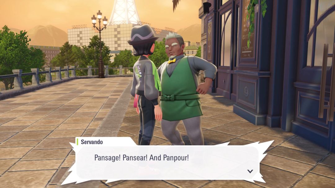 Servando emphasizes to the Pokemon Trainer that he needs Pansage, Pansear, and Panpour.