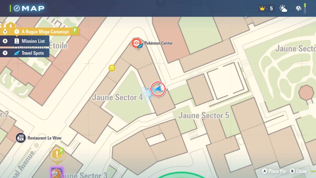 A closeup of the map, showing where to enter the park in Jaune Sector 4, south of the nearby Pokemon Center.