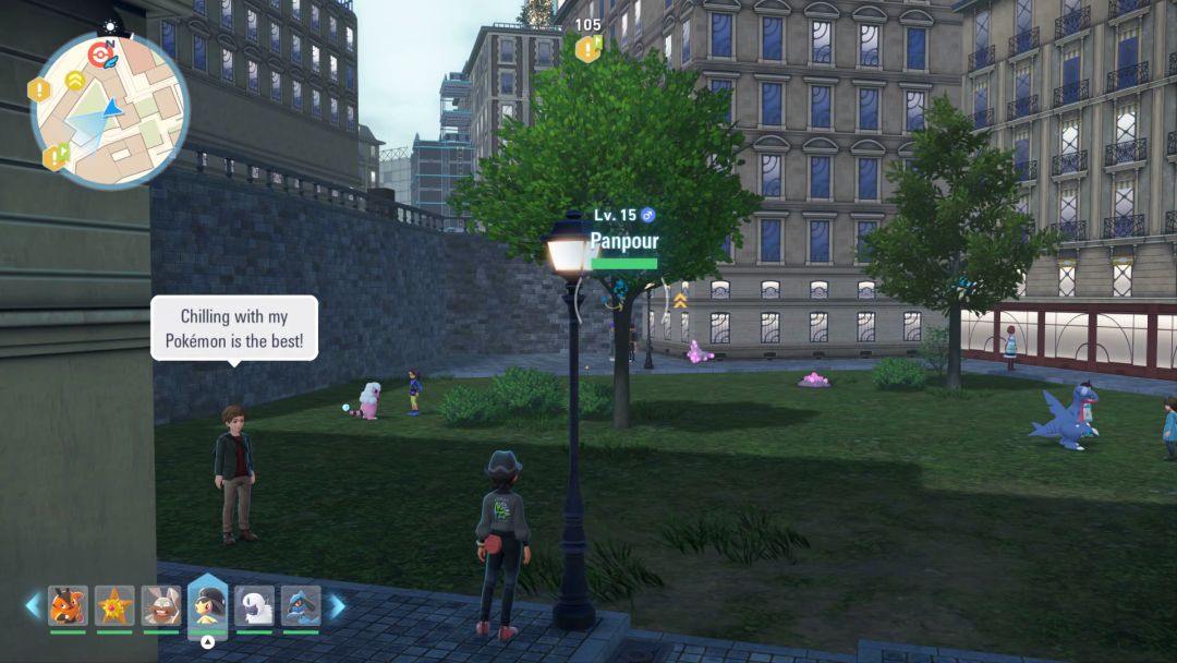 Just inside the tree, the Pokemon Trainer checks the nearest tree and spots a Panpour, while a second Panpour waits in a second tree off to the right.
