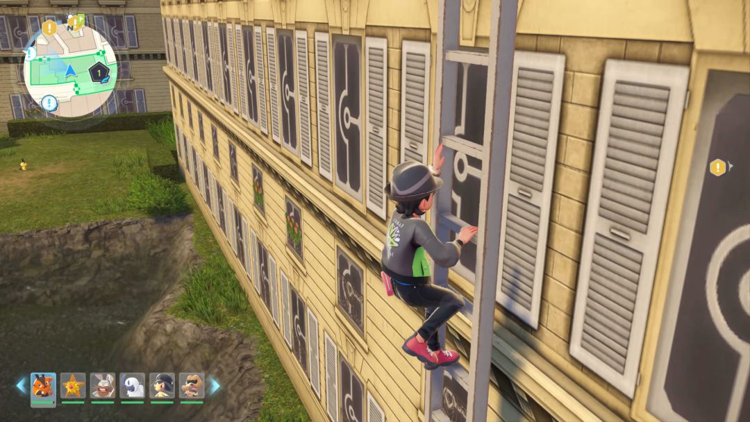 The Pokemon Trainer climbs up a ladder along the side of the building, overlooking a pond.