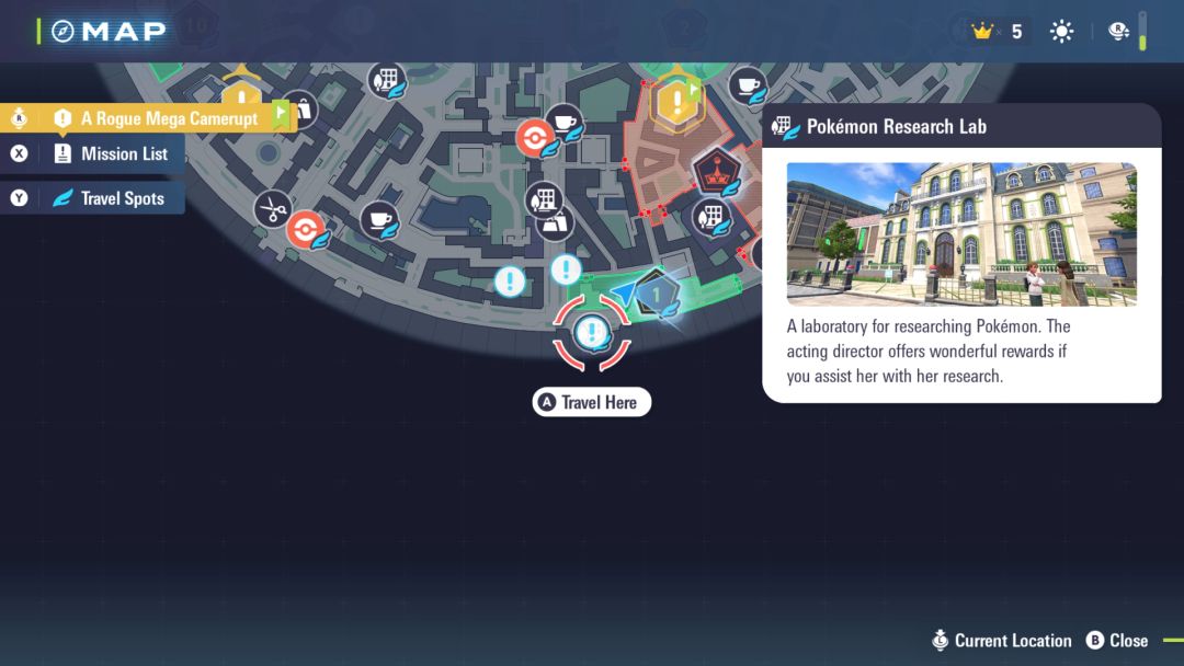 A map of Lumios City, with the Pokemon Research Lab highlighted along its southern portion.