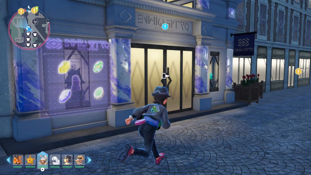 After dark, the Pokemon Trainer heads toward the front door of the Stone Emporium building.
