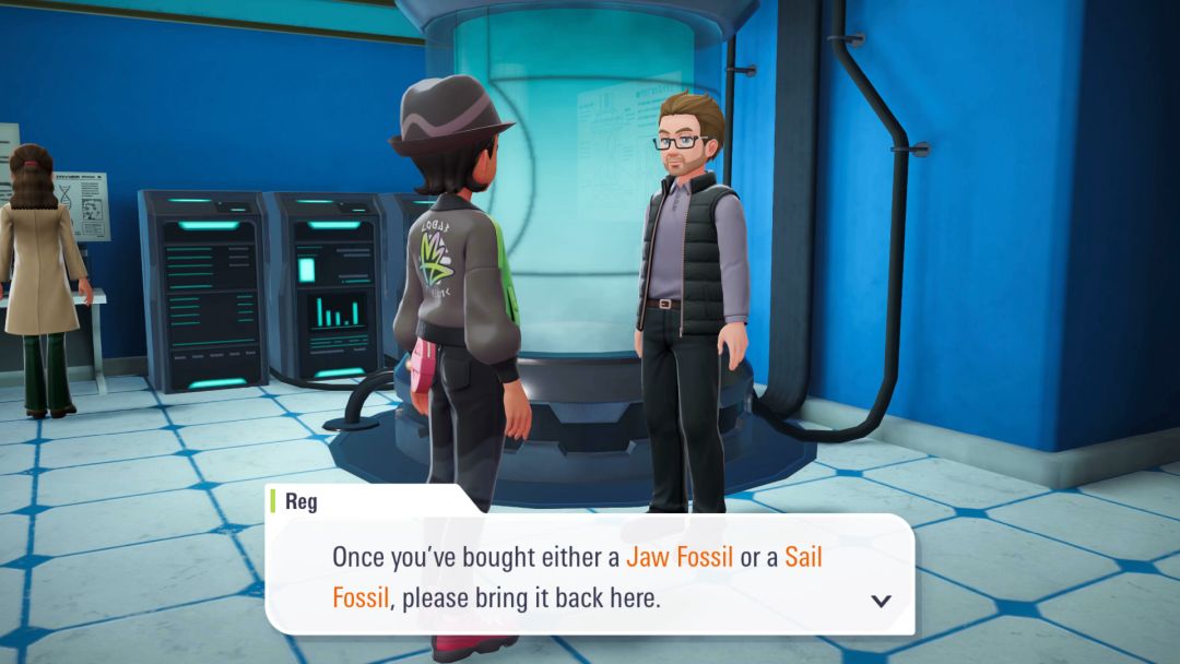 Standing in the Pokemon Research Lab in front of a giant tube, Reg instructs the Pokemon Trainer on what to purchase.