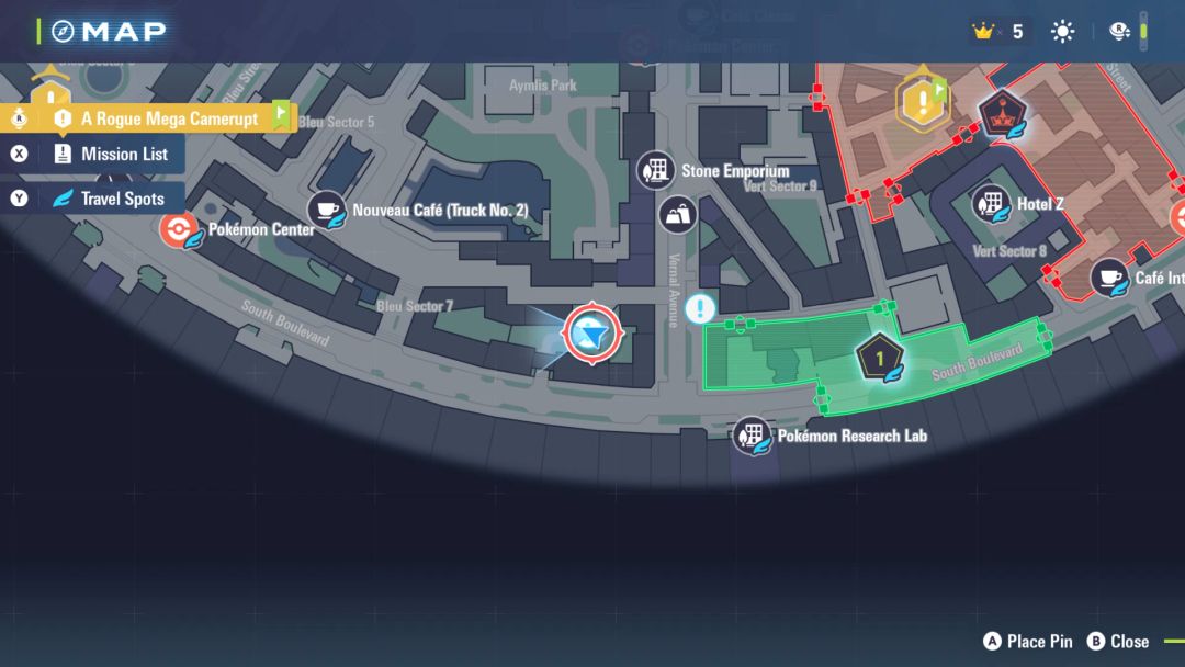 A map showing the Pokemon Trainer's location in Bleu Sector 7, which is where Side Mission 28 begins.