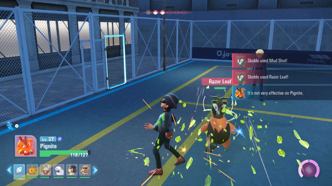 Pignite is caught in a flurry of leaves sent its way by the enemy Skiddo, as the two Pokemon duel in the outside arena.